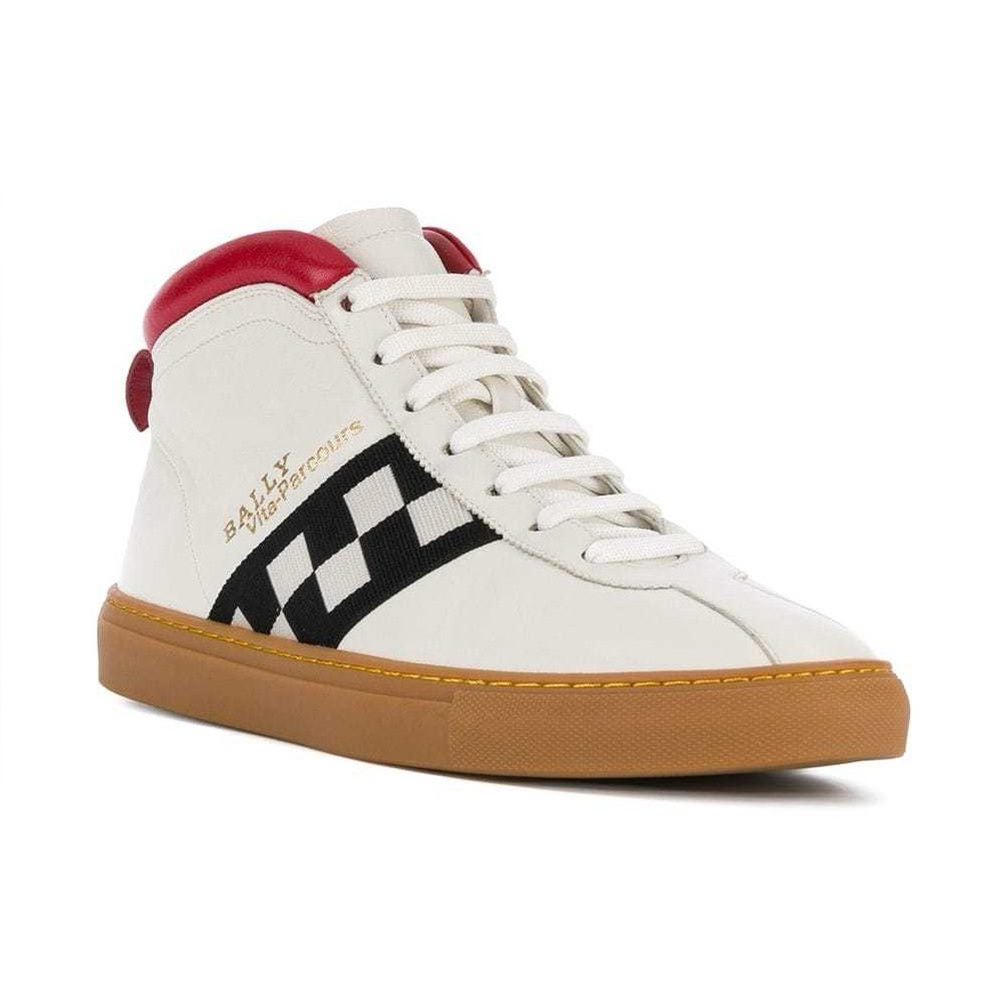 Men’s Bally Vita Parcours White High Top Sneakers with Red/Black Stripes Size 9D